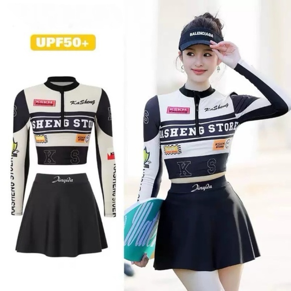 three-Piece Swimsuit Set Women Black White NEW UPF‎ 50+ Long Sleeve Skirt xs